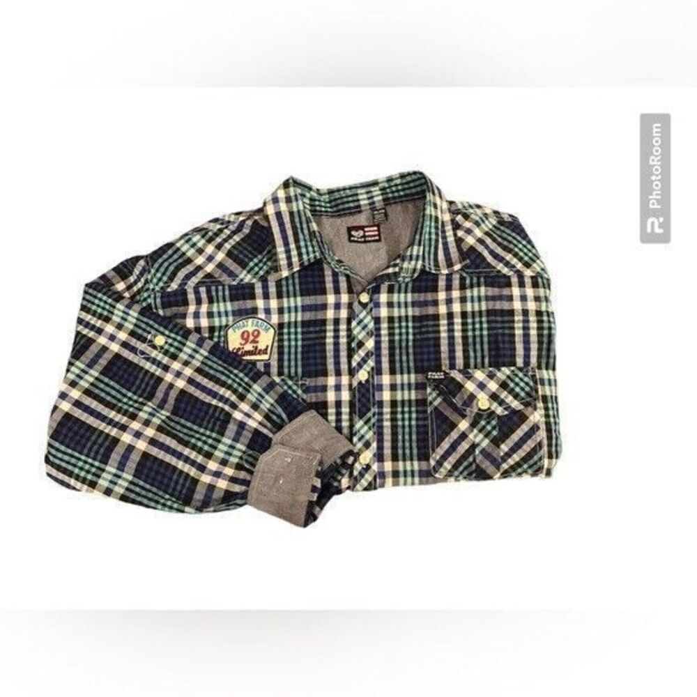 Phat Farm Vintage‎ Y2K Men 3XL Button Down Flip Cuff Roll Patches Plaid Shirt